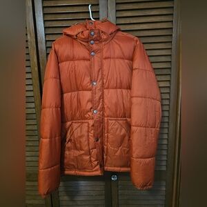 Old Navy Men's Rust Orange Puffer Jacket With Detachable Hood